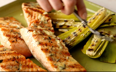 Grilled Salmon & Leeks with Rosemary-Mustard Butter